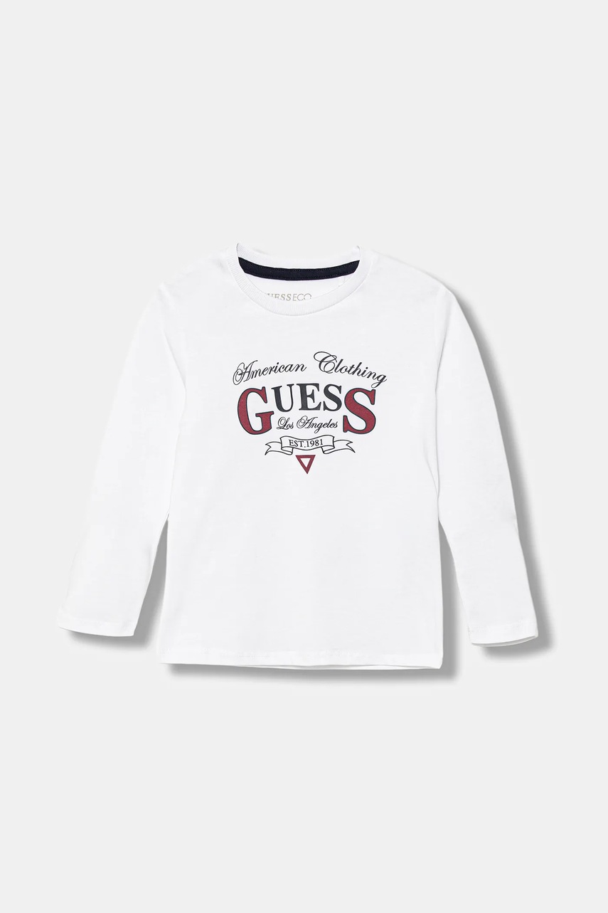 Levně Dětské bavlněné tričko s dlouhým rukávem Guess bílá barva, s potiskem, N5YI21 K8HM4