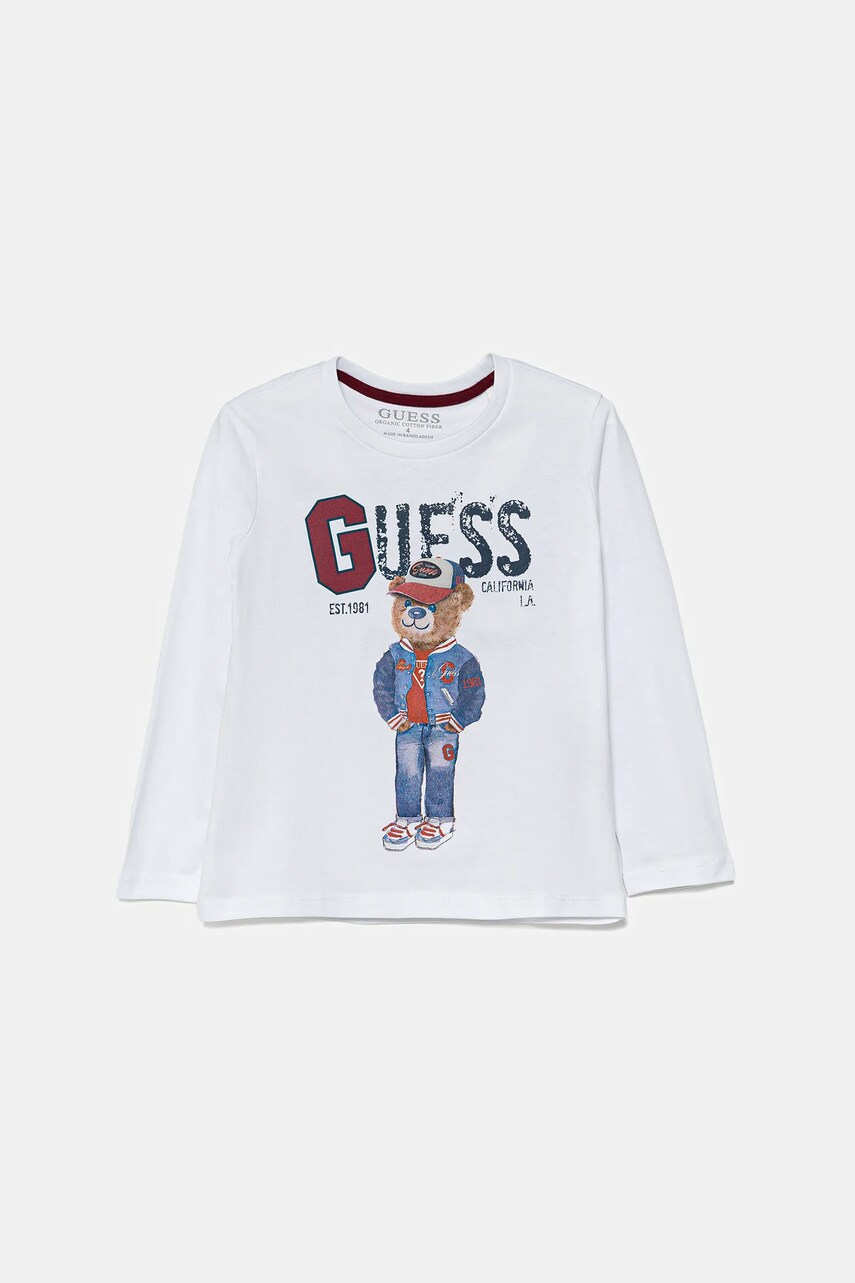 Levně Dětské bavlněné tričko s dlouhým rukávem Guess bílá barva, N5YI23 K8HM4
