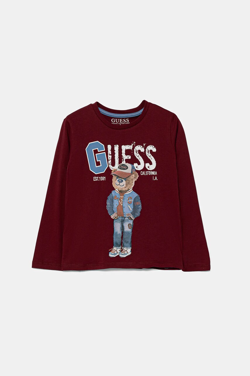 Levně Dětské bavlněné tričko s dlouhým rukávem Guess vínová barva, N5YI23 K8HM4