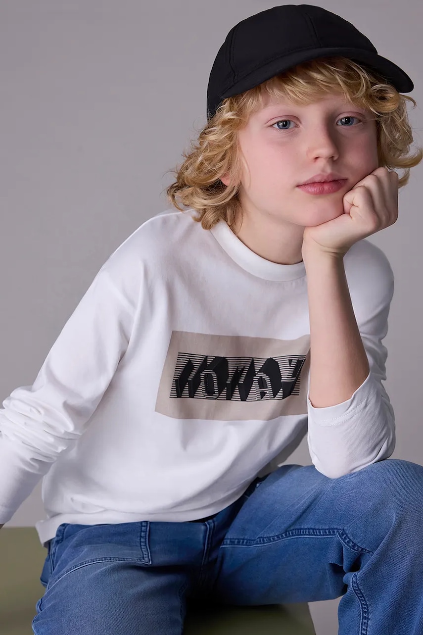 Mayoral longsleeve din bumbac pentru copii culoarea bej, cu imprimeu, 7013