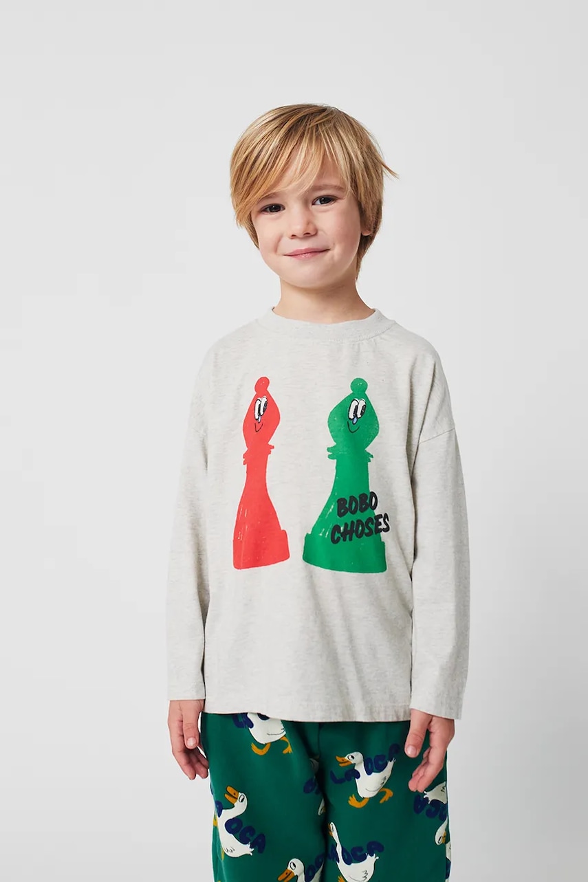 Bobo Choses longsleeve din bumbac pentru copii Checkmate culoarea gri, cu imprimeu, 225AC009