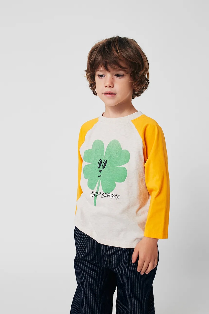 Bobo Choses longsleeve din bumbac pentru bebeluși Lucky Clover culoarea gri, cu imprimeu, 225AC018