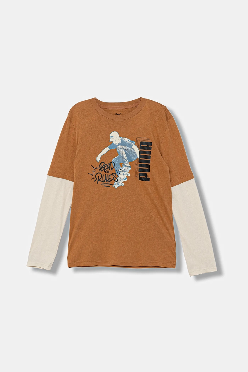 Puma longsleeve din bumbac pentru copii MID90s Layered Longsleeve B culoarea maro, cu imprimeu, 688467