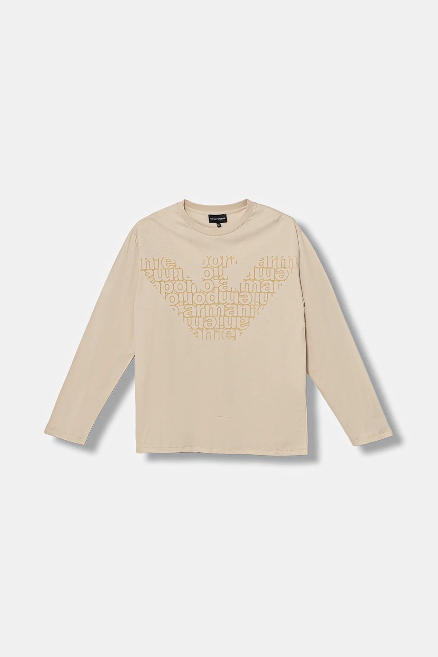 Levně Dětské bavlněné tričko s dlouhým rukávem Emporio Armani béžová barva, s potiskem, EB000725 AF16162