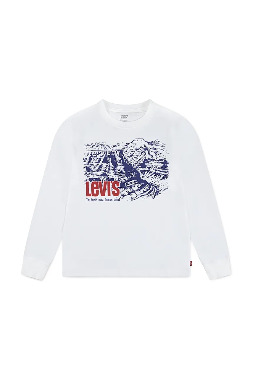 Levně Dětské bavlněné tričko s dlouhým rukávem Levi's CANYON LS TEE béžová barva, s potiskem, 9EN992