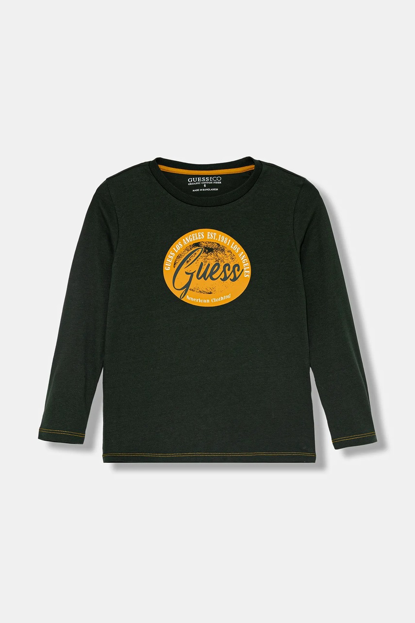 Levně Dětské bavlněné tričko s dlouhým rukávem Guess zelená barva, s potiskem, N5BI11 I3Z14