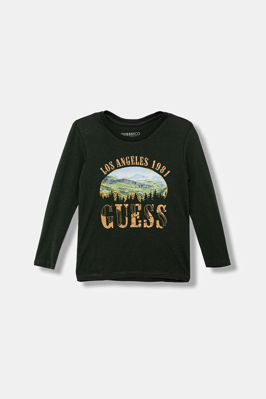 Levně Dětské bavlněné tričko s dlouhým rukávem Guess zelená barva, s potiskem, N5BI13 I3Z14