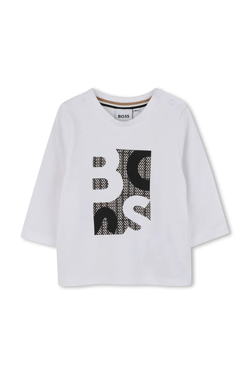 BOSS longsleeve din bumbac pentru copii culoarea alb, cu imprimeu, J52472