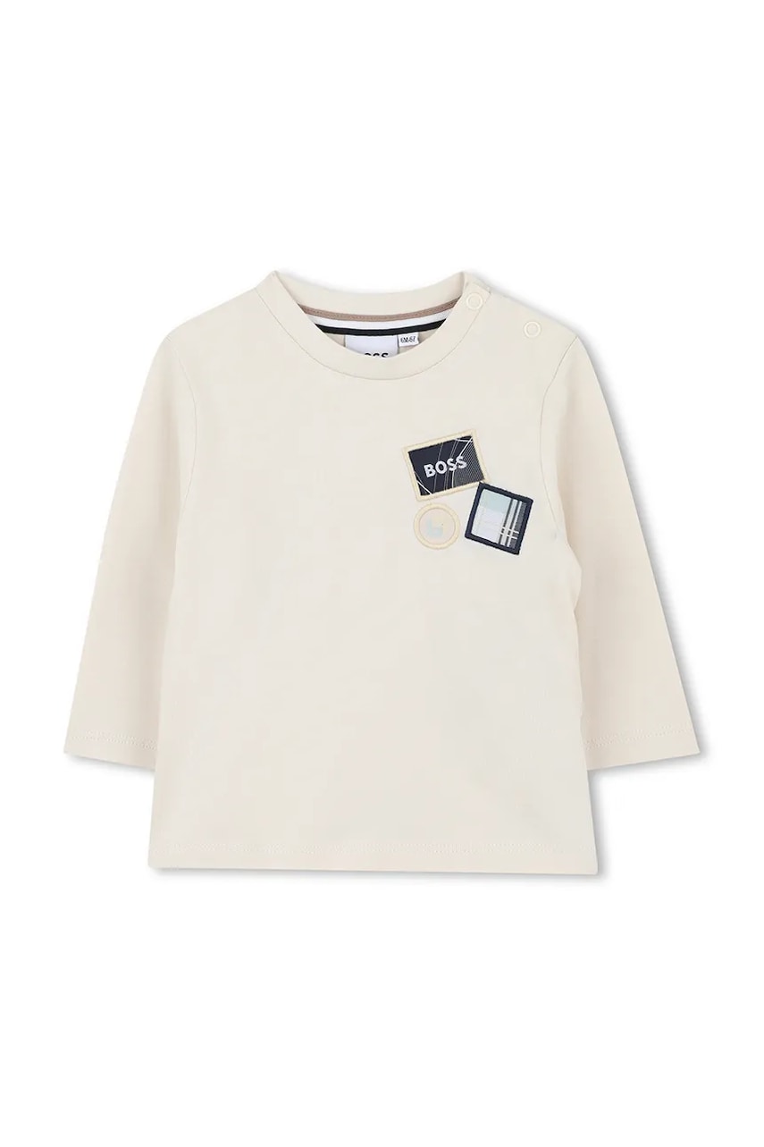 BOSS longsleeve din bumbac pentru copii culoarea bej, cu imprimeu, J52473