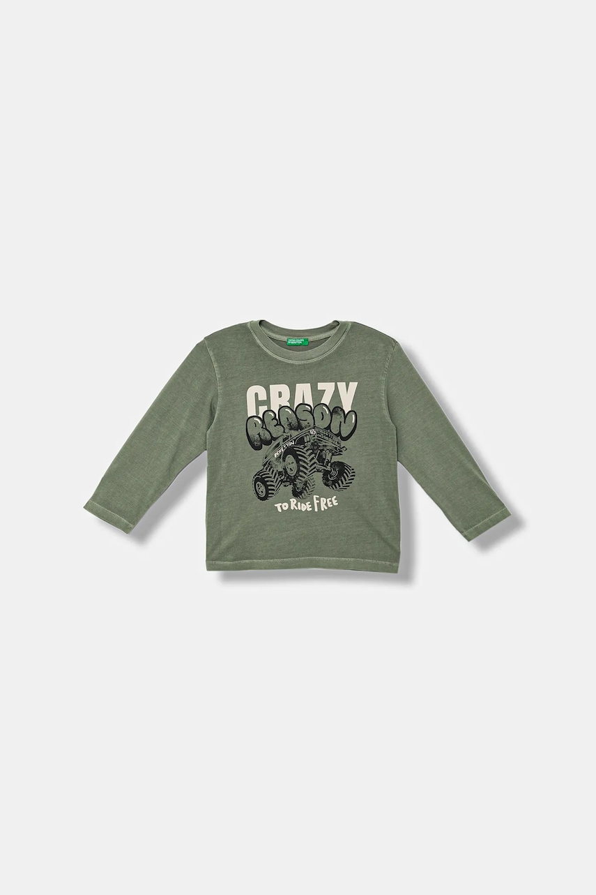 United Colors of Benetton longsleeve din bumbac pentru copii culoarea verde, cu imprimeu, 3PCMG10K6