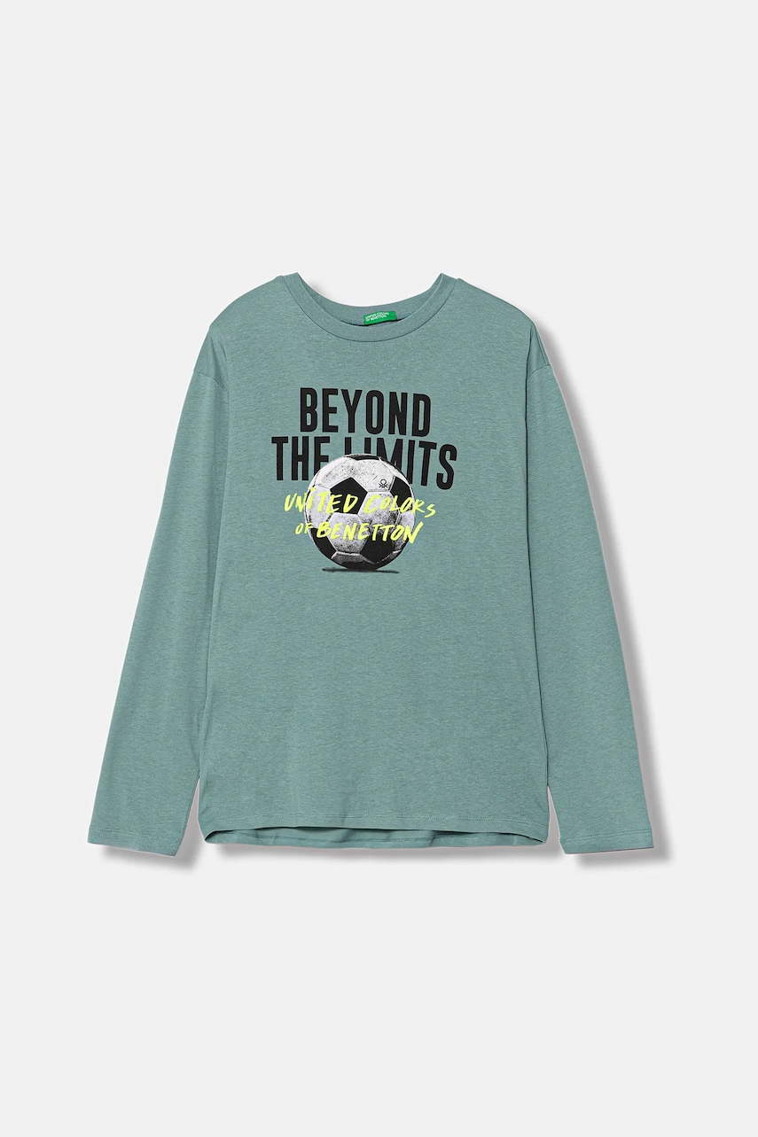 Levně Dětské bavlněné tričko s dlouhým rukávem United Colors of Benetton tyrkysová barva, s potiskem, 35RYC10QQ