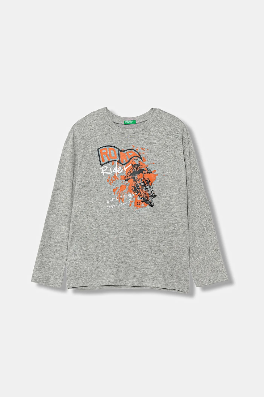 United Colors of Benetton longsleeve din bumbac pentru copii culoarea gri, cu imprimeu, 35RYC10QQ