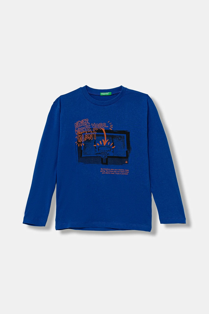 Levně Dětské bavlněné tričko s dlouhým rukávem United Colors of Benetton modrá barva, s potiskem, 35RYC10QQ