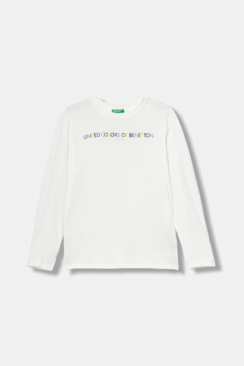 Levně Dětské bavlněné tričko s dlouhým rukávem United Colors of Benetton bílá barva, s potiskem, 3I1XC10Q3