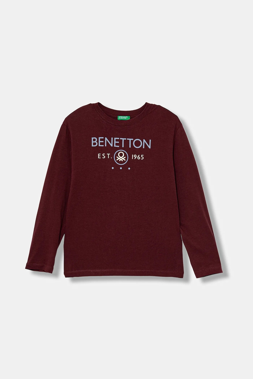 Levně Dětské bavlněné tričko s dlouhým rukávem United Colors of Benetton vínová barva, s potiskem, 3I1XC10Q3
