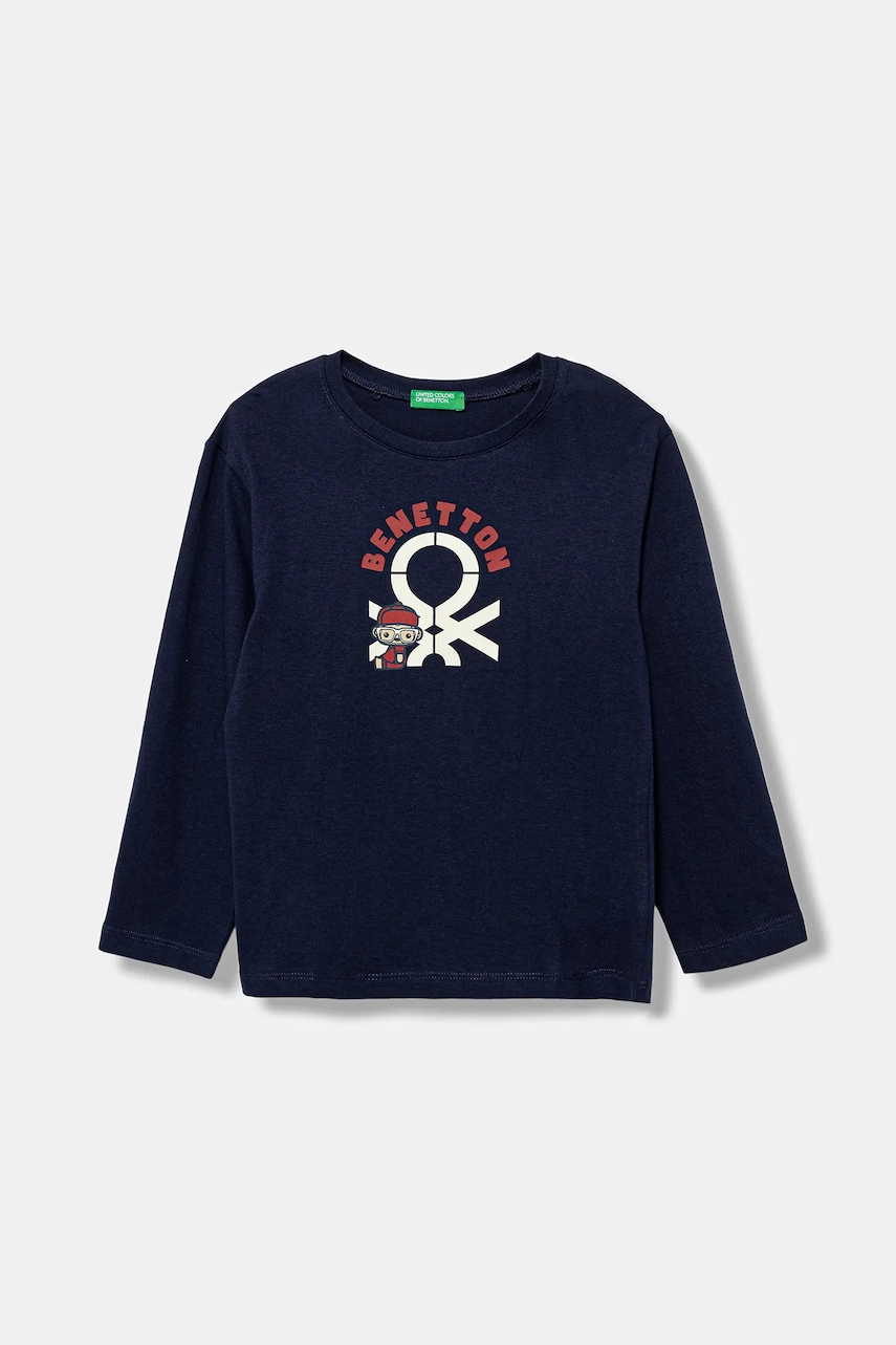 Levně Dětské bavlněné tričko s dlouhým rukávem United Colors of Benetton tmavomodrá barva, s potiskem, 3I1XG10F2