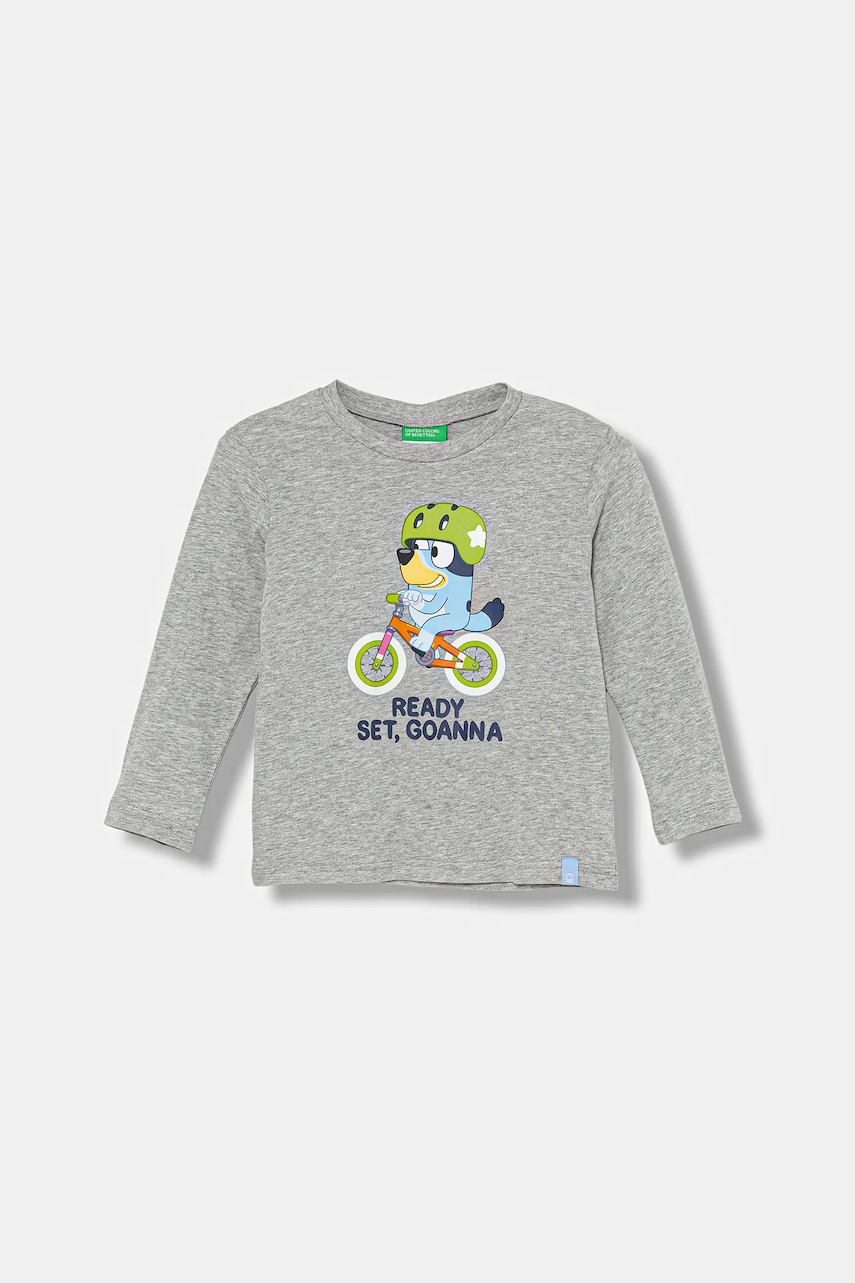 United Colors of Benetton longsleeve din bumbac pentru copii culoarea gri, cu imprimeu, 3I1XG10KH