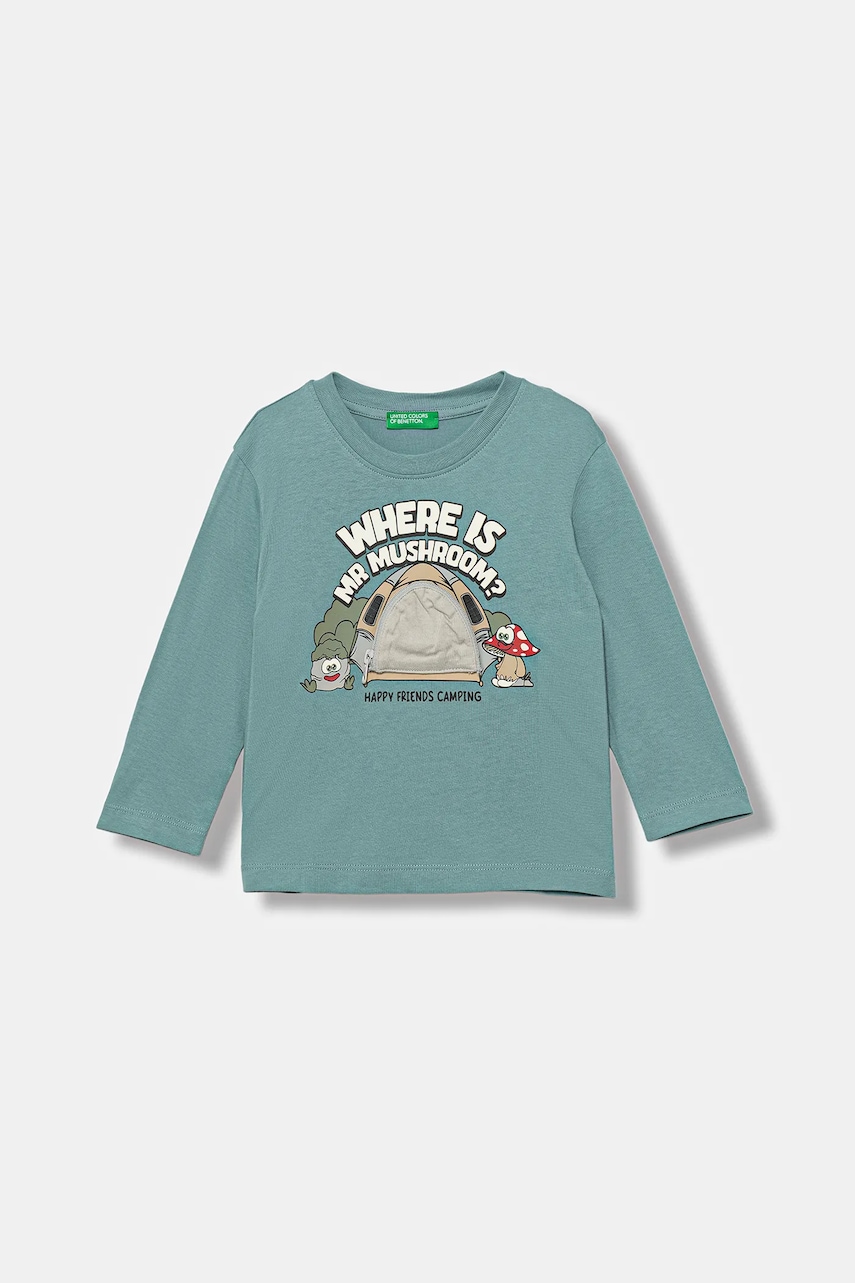 United Colors of Benetton longsleeve din bumbac pentru copii culoarea turcoaz, cu imprimeu, 3I1XG10KQ