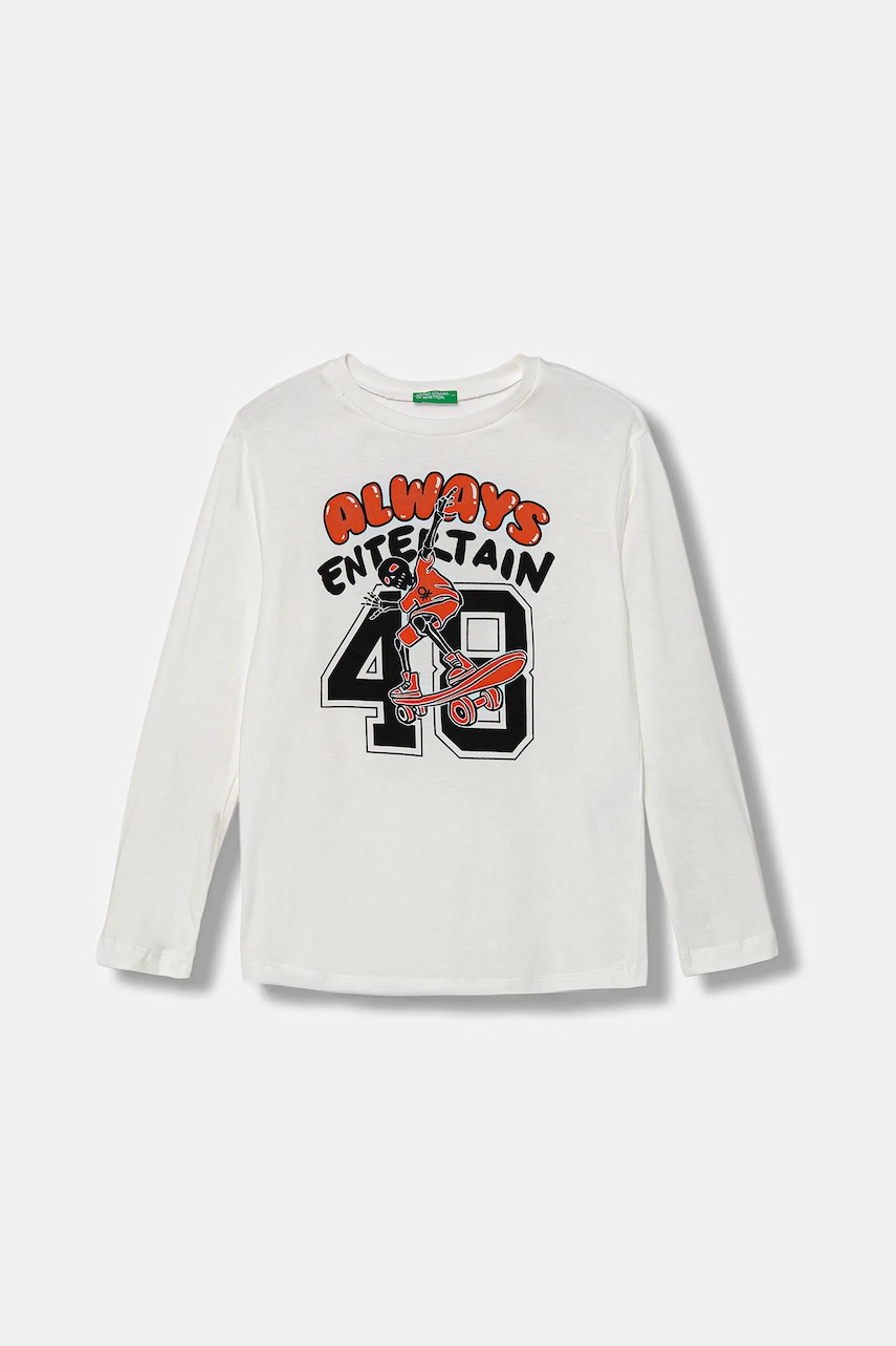 United Colors of Benetton longsleeve din bumbac pentru copii culoarea alb, cu imprimeu, 3JERC10QO