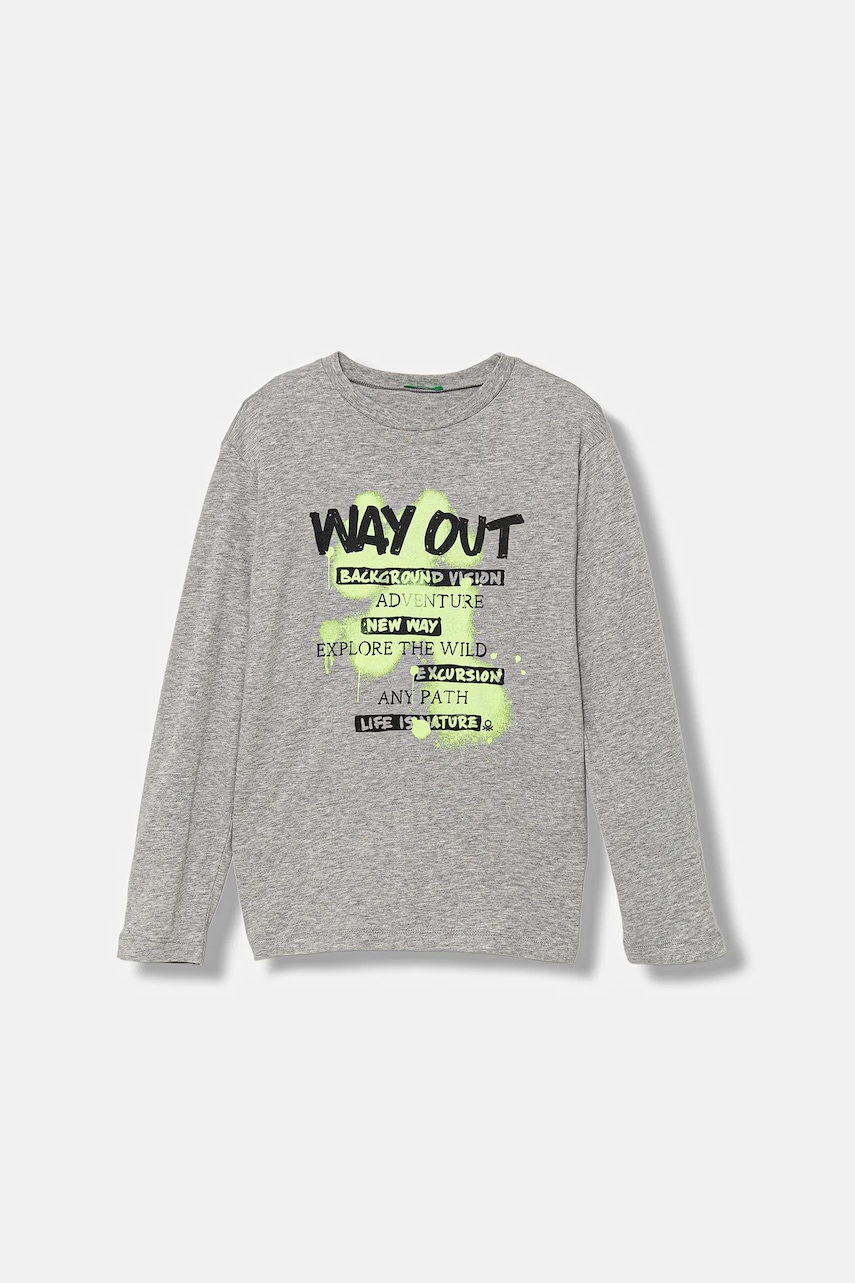 United Colors of Benetton longsleeve din bumbac pentru copii culoarea gri, cu imprimeu, 3JERC10QO