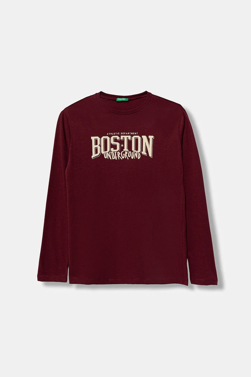 United Colors of Benetton longsleeve din bumbac pentru copii culoarea bordo, cu imprimeu, 3JERC10QO