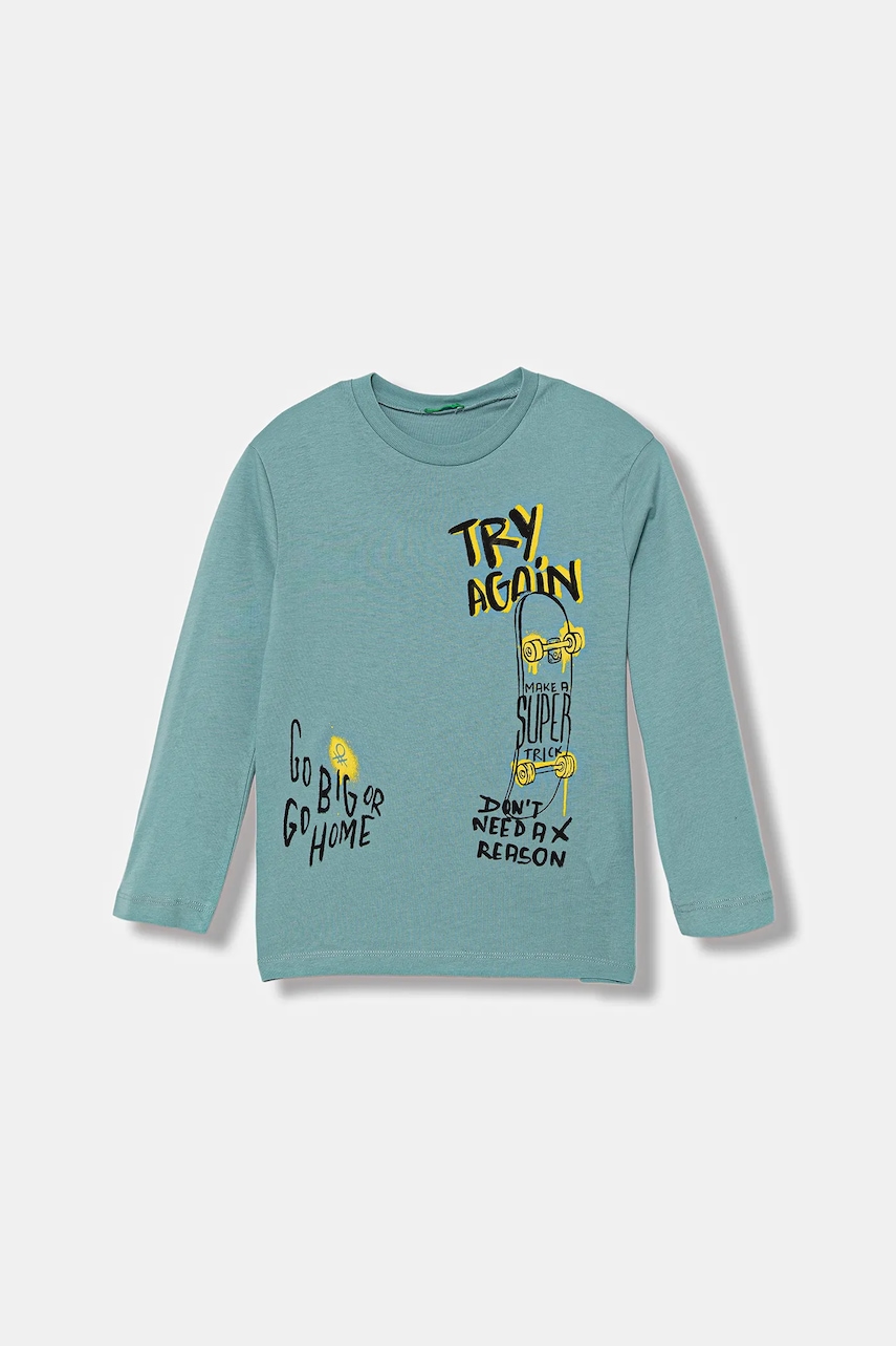 United Colors of Benetton longsleeve din bumbac pentru copii culoarea turcoaz, cu imprimeu, 3JERG10K5