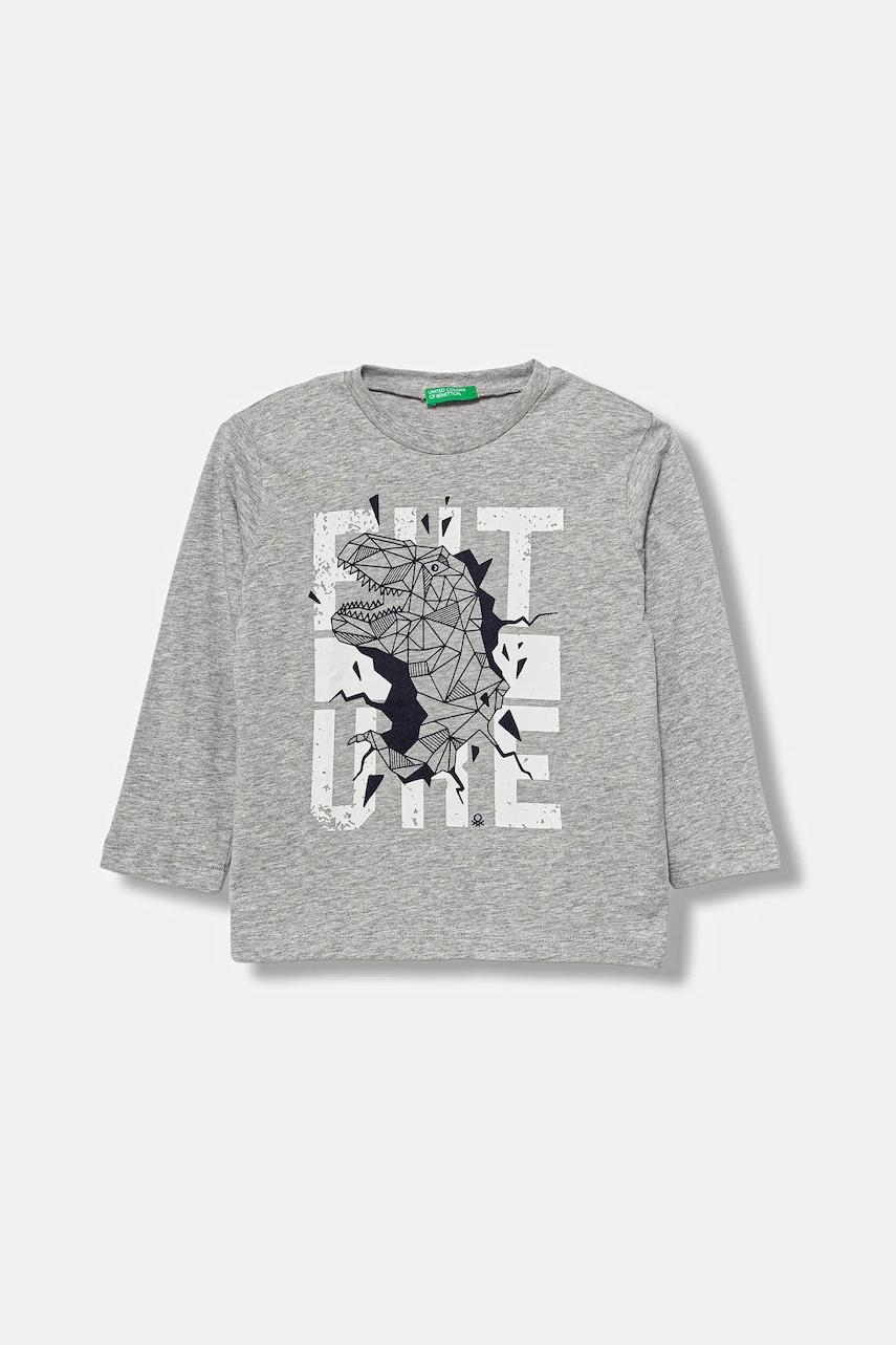United Colors of Benetton longsleeve din bumbac pentru copii culoarea gri, cu imprimeu, 3JERG10K5