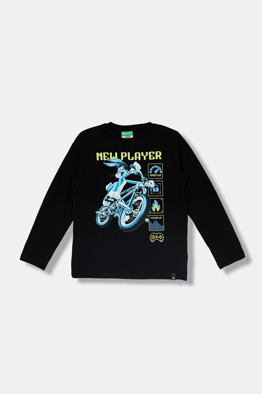 United Colors of Benetton longsleeve din bumbac pentru copii culoarea negru, cu imprimeu, 3ATNC10RL