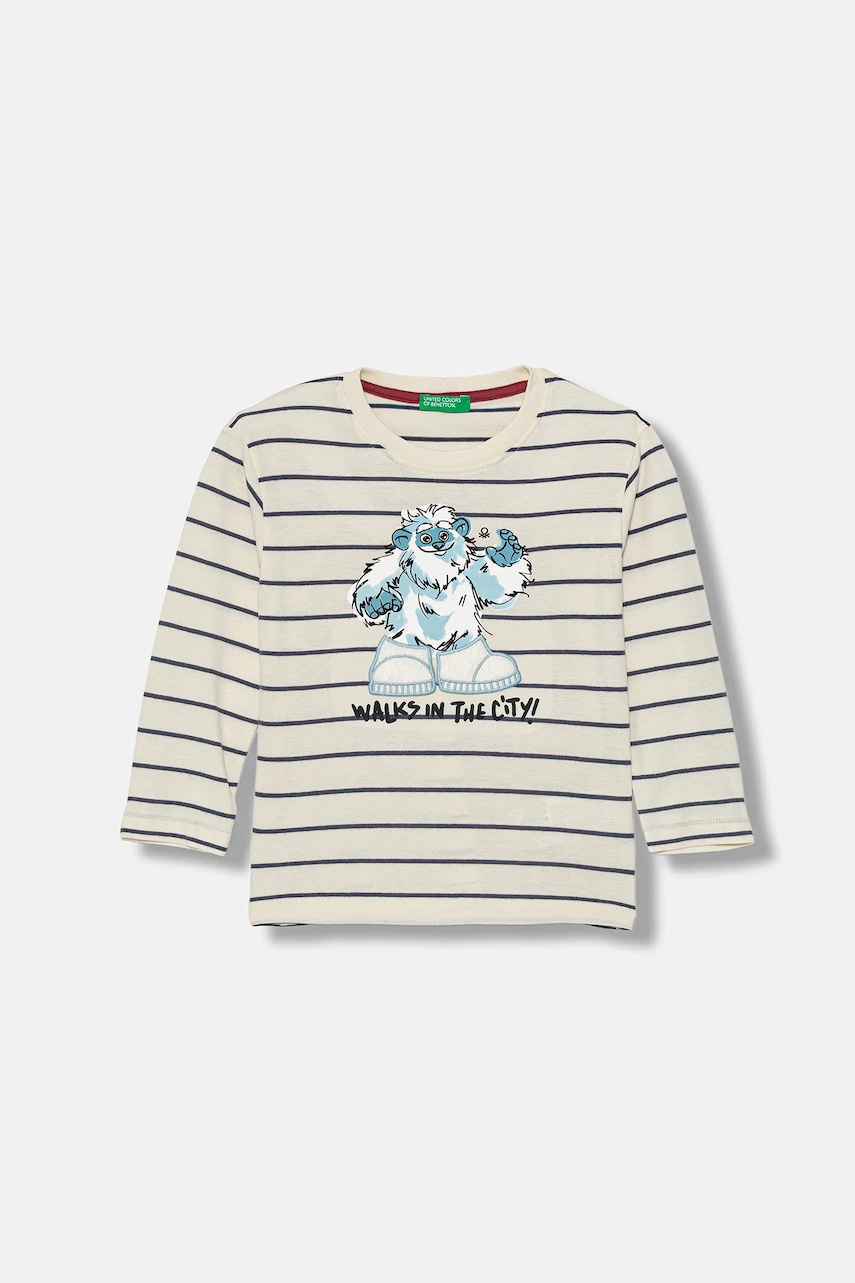 United Colors of Benetton longsleeve din bumbac pentru copii culoarea bej, cu imprimeu, 3XVJG10KW