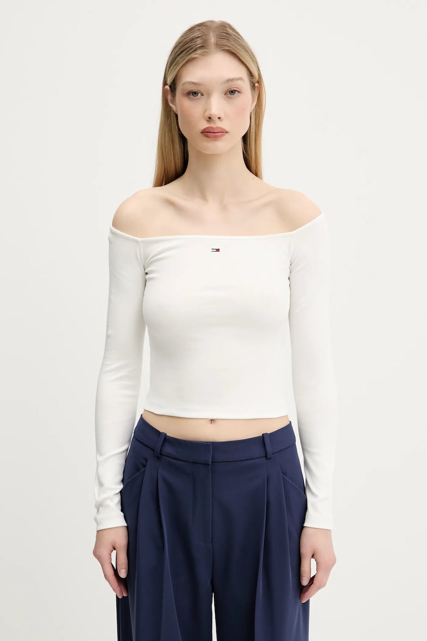 Levně Tričko s dlouhým rukávem Tommy Jeans béžová barva, cold shoulder, DW0DW20919