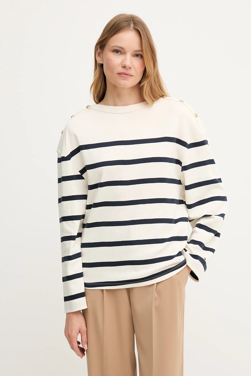 Levně Bavlněné tričko s dlouhým rukávem Tommy Hilfiger béžová barva, WW0WW45760