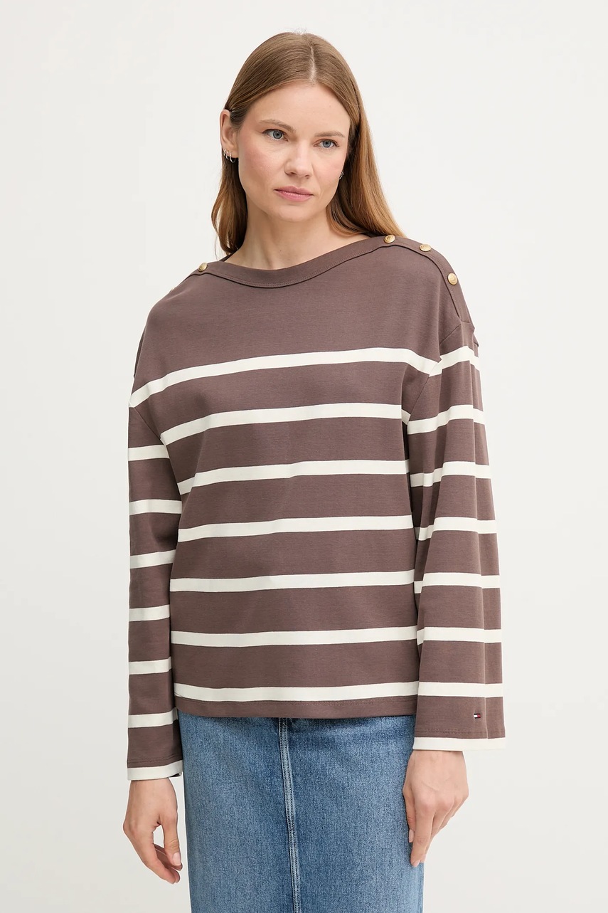 Levně Bavlněné tričko s dlouhým rukávem Tommy Hilfiger hnědá barva, WW0WW45760
