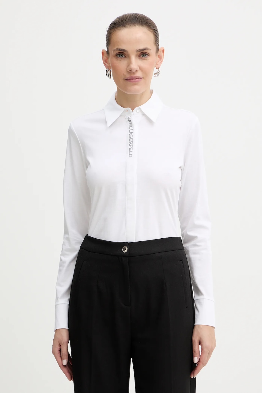 Bavlněná košile Karl Lagerfeld ELONGATED LOGO dámská, bílá barva, regular, s klasickým límcem, A3W17103