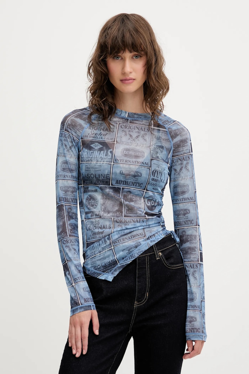 Levně Tričko s dlouhým rukávem Guess Originals modrá barva, W5YP43 KBBF2