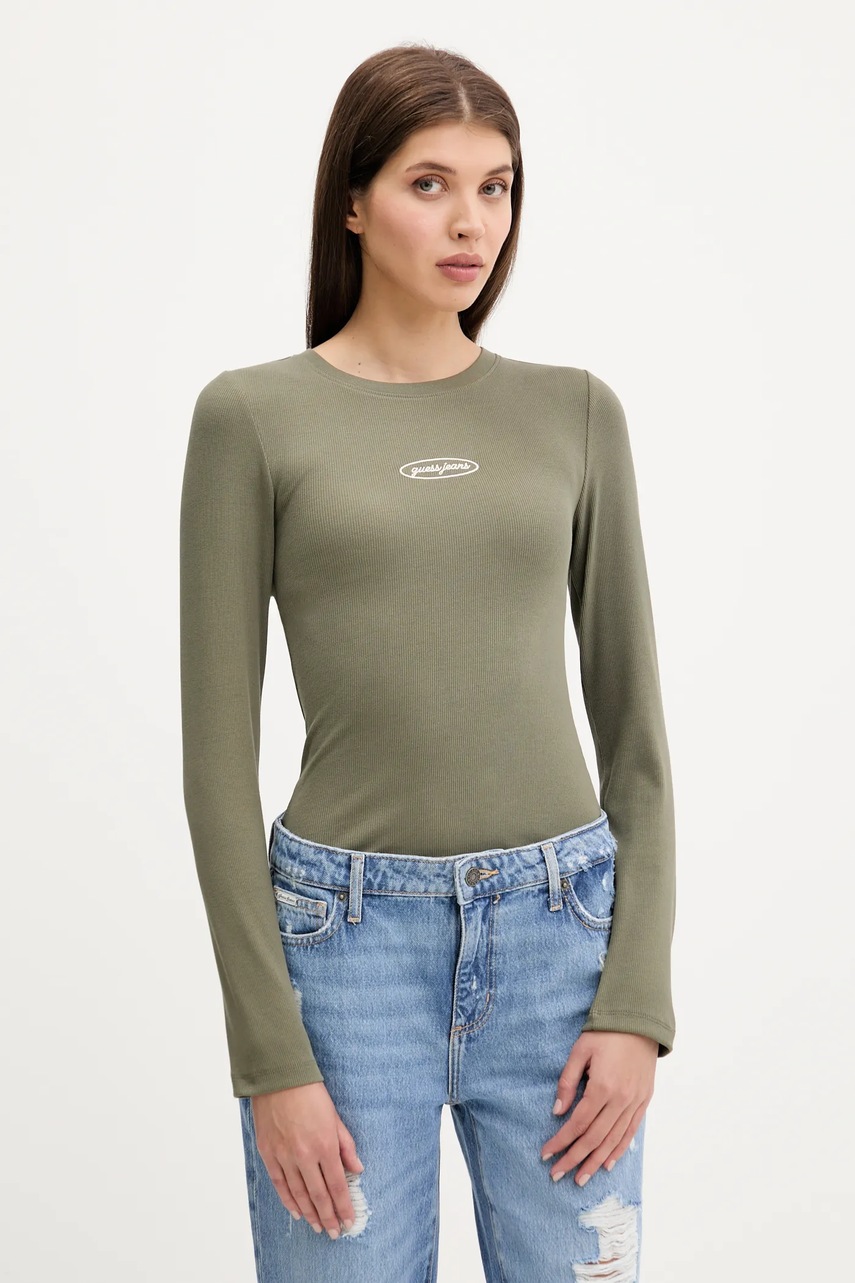 Levně Tričko s dlouhým rukávem Guess Jeans zelená barva, W5YP38 KA0H1
