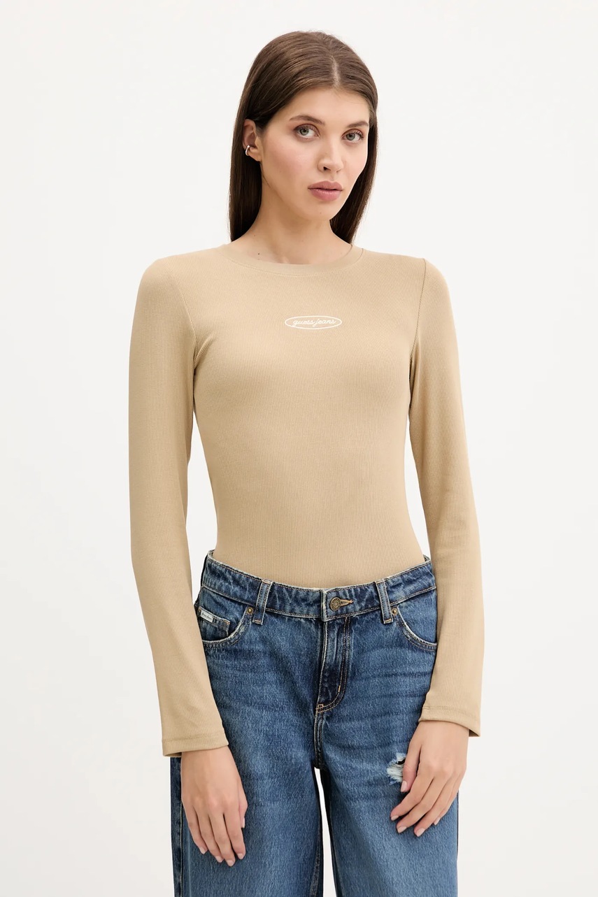 Levně Tričko s dlouhým rukávem Guess Jeans béžová barva, W5YP38 KA0H1