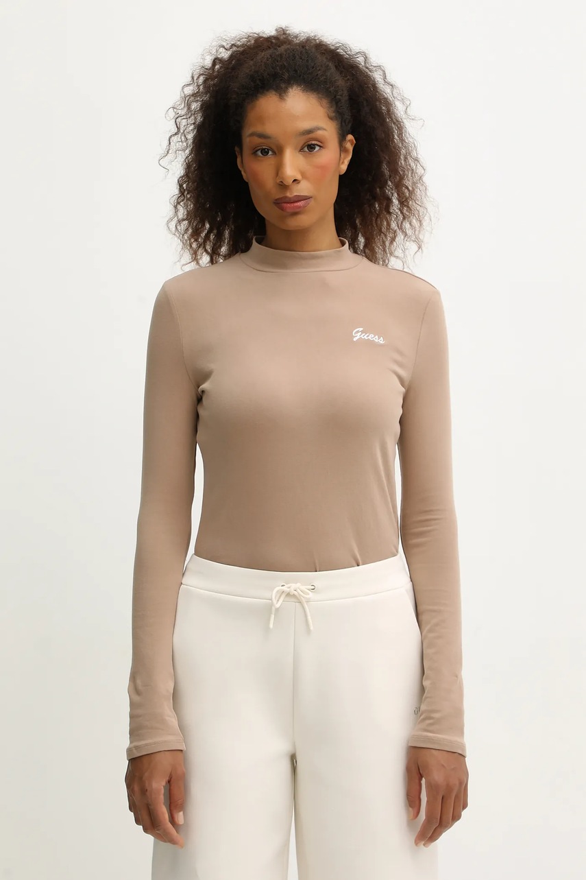 

Блуза с дълги ръкави Guess ALBA в бежово с ниско поло V5BP10 KCBF1, Бежов