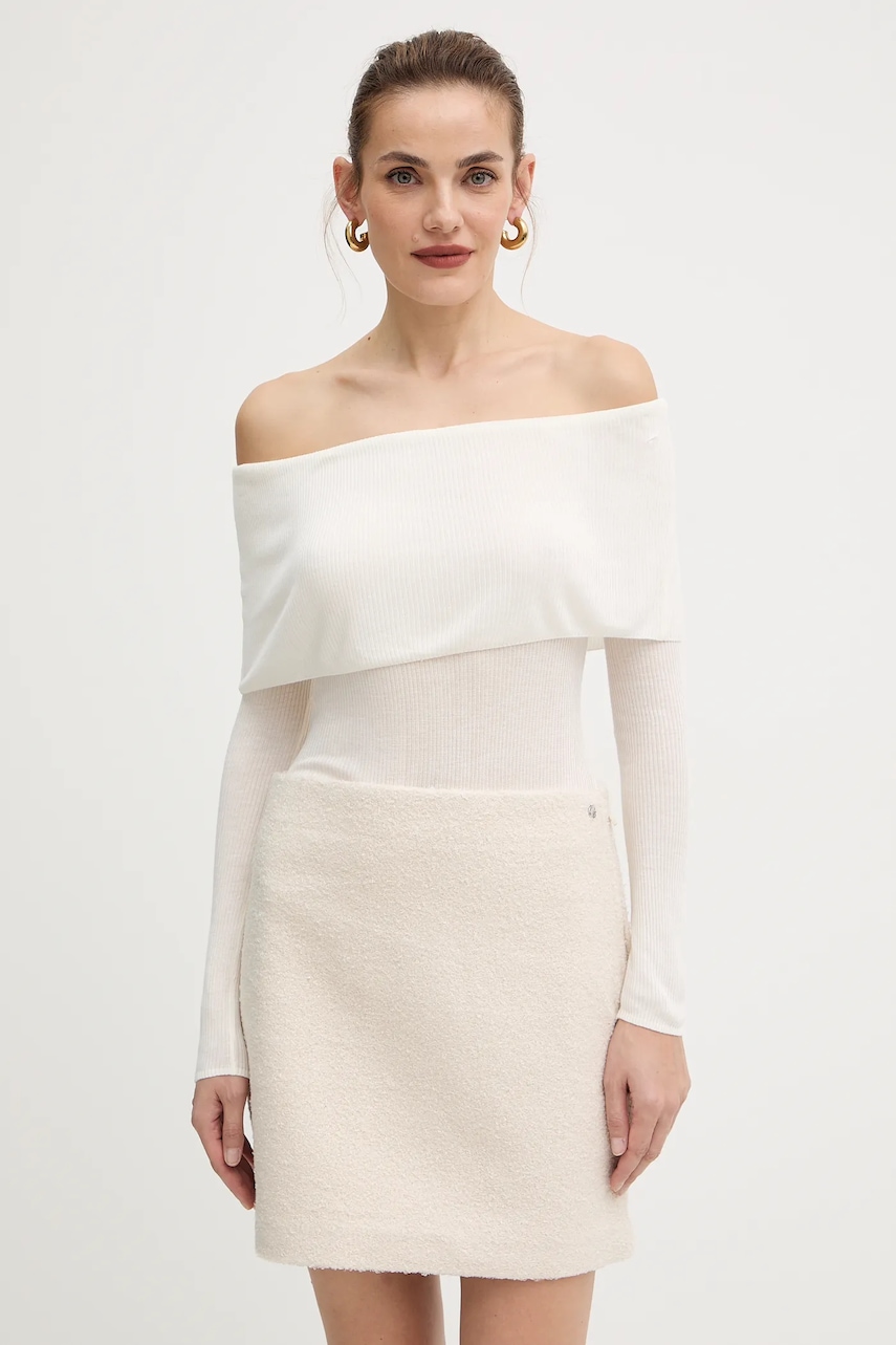 Levně Tričko s dlouhým rukávem Guess MELANIE béžová barva, španělský výstřih, W5BR48 Z0612