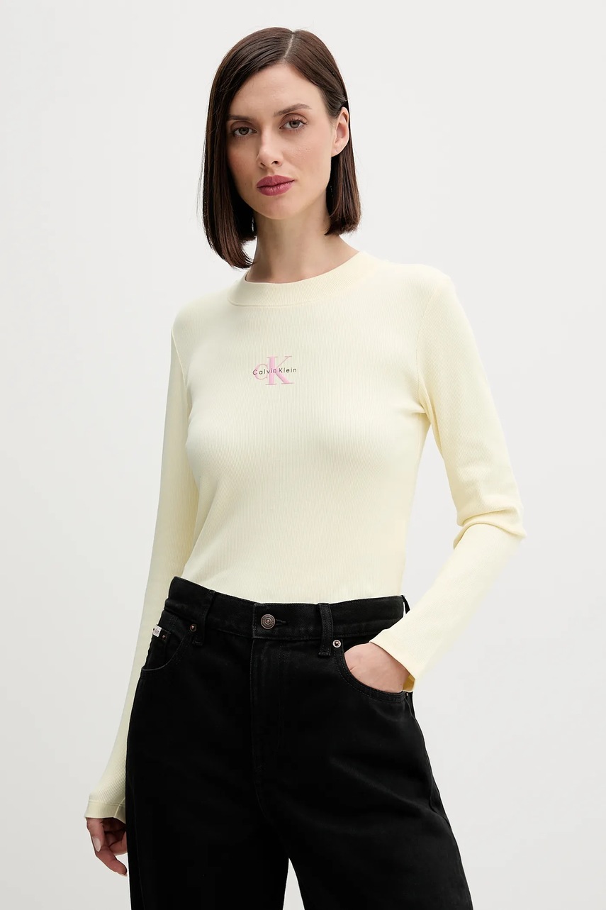 Levně Tričko s dlouhým rukávem Calvin Klein Jeans žlutá barva, LV047A803G