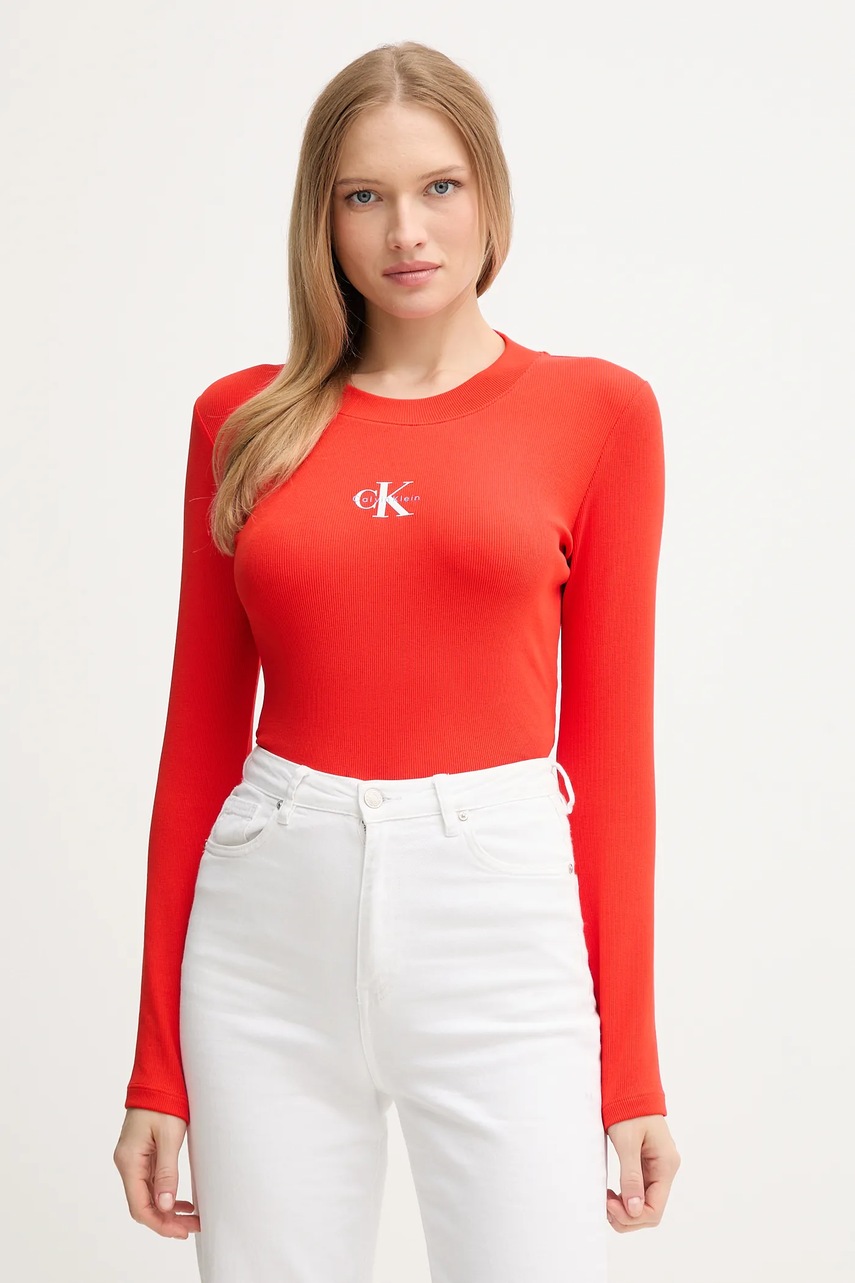 Levně Tričko s dlouhým rukávem Calvin Klein Jeans červená barva, LV047A803G