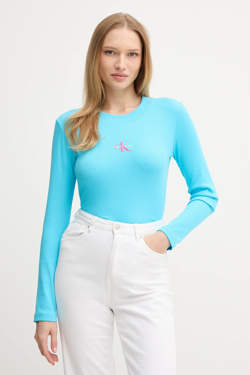 Levně Tričko s dlouhým rukávem Calvin Klein Jeans tyrkysová barva, LV047A803G