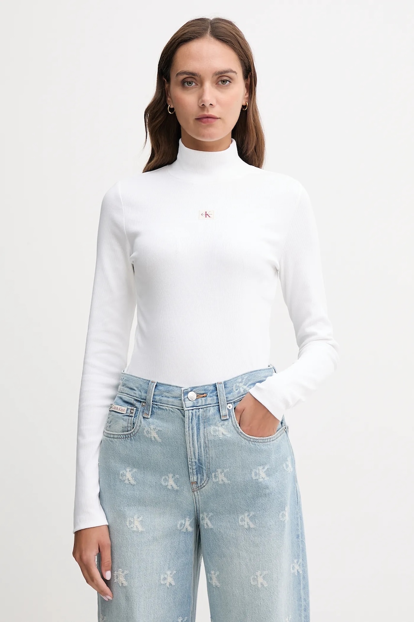 Levně Tričko s dlouhým rukávem Calvin Klein Jeans bílá barva, s pologolfem, LV047D203G