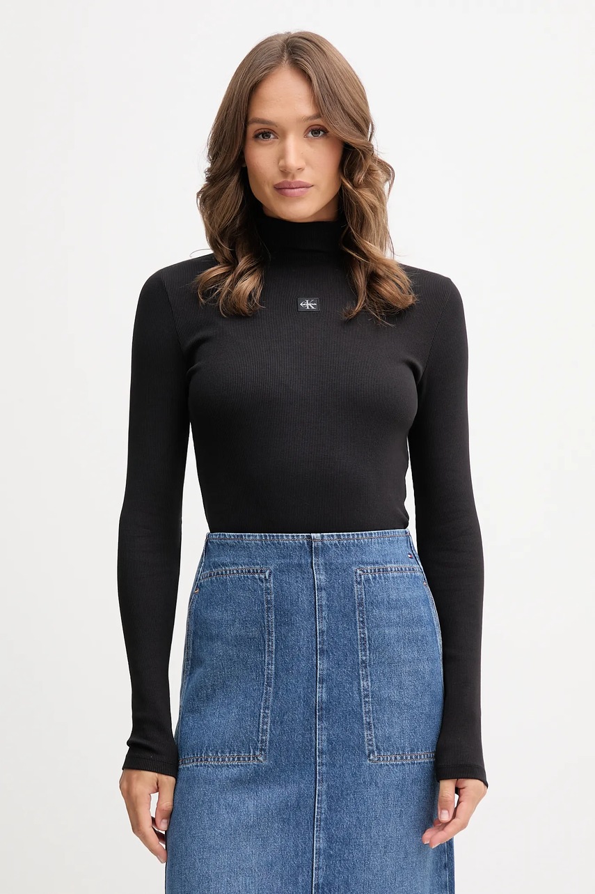 Levně Tričko s dlouhým rukávem Calvin Klein Jeans černá barva, s pologolfem, LV047D203G