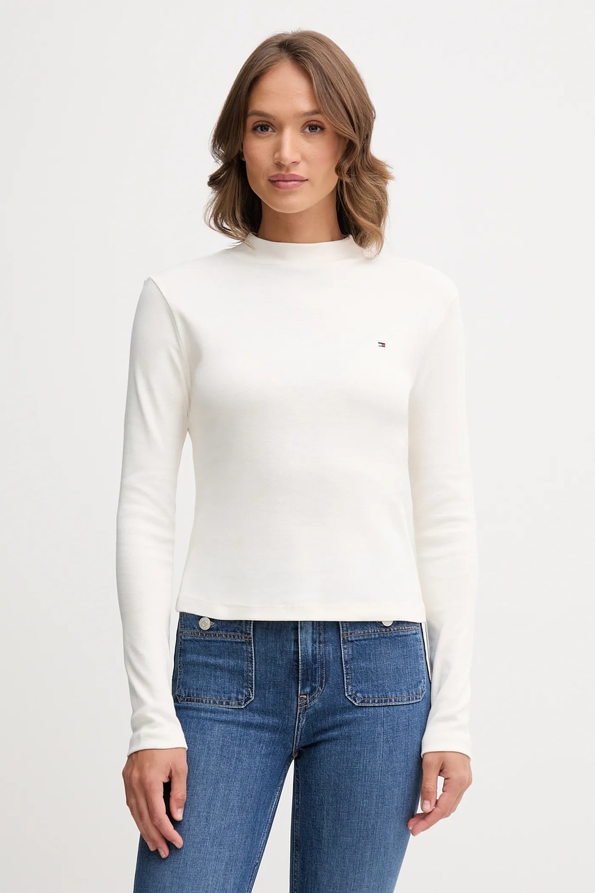 Levně Bavlněné tričko s dlouhým rukávem Tommy Hilfiger béžová barva, s pologolfem, WW0WW47307