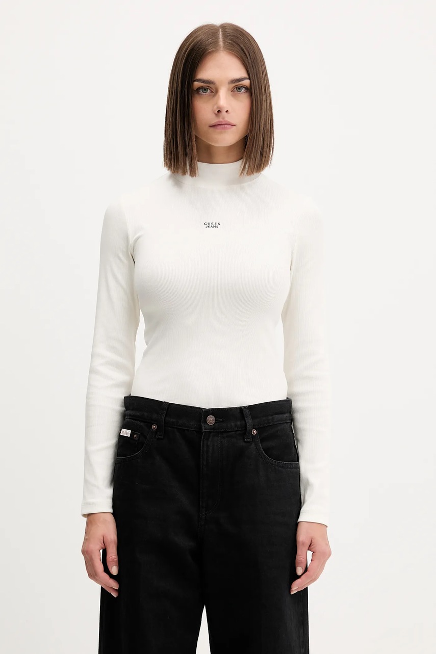 Levně Tričko s dlouhým rukávem Guess Jeans béžová barva, s pologolfem, W5BP23 KA0H1