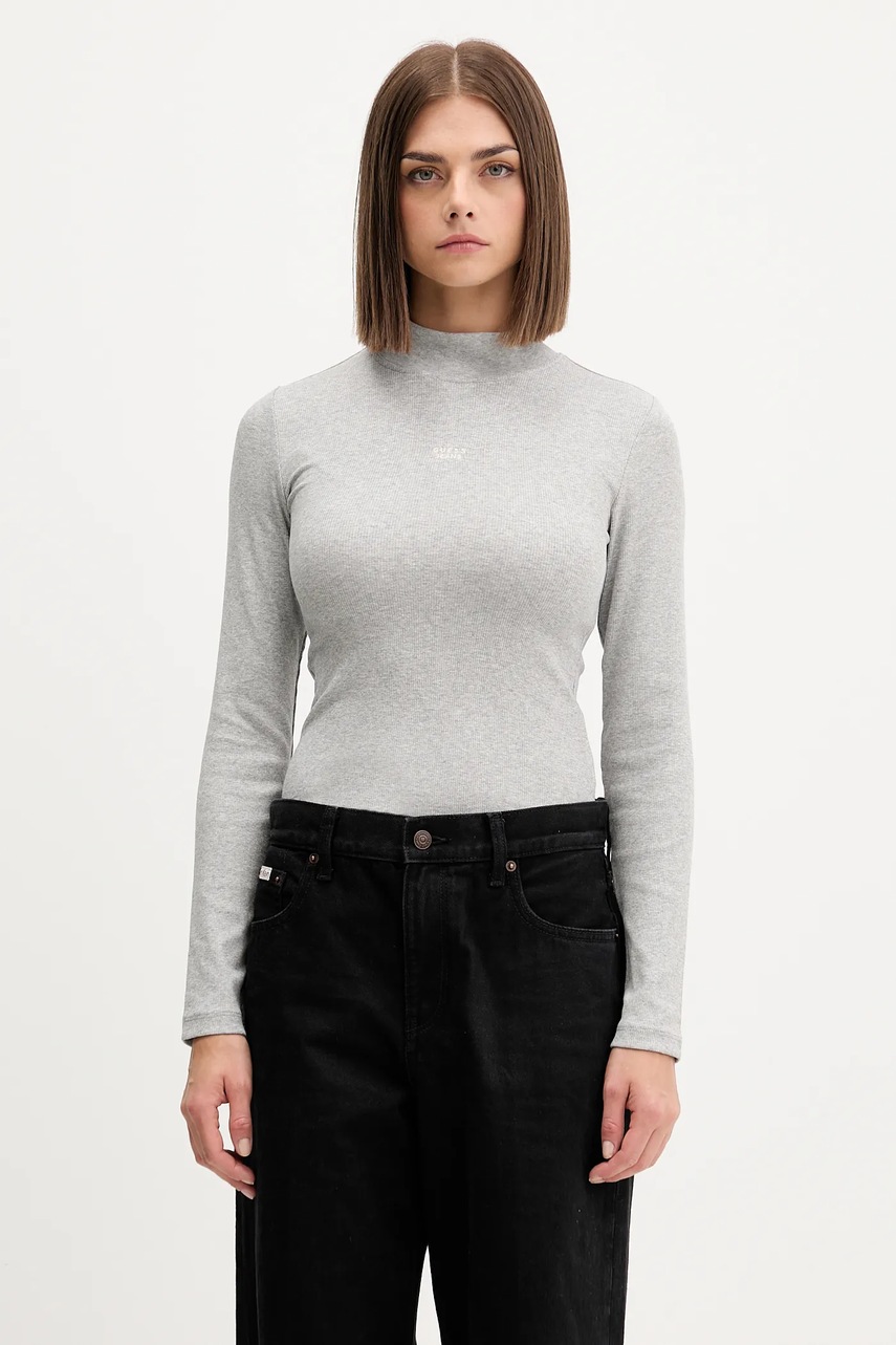 Levně Tričko s dlouhým rukávem Guess Jeans šedá barva, s pologolfem, W5BP23 KA0H1