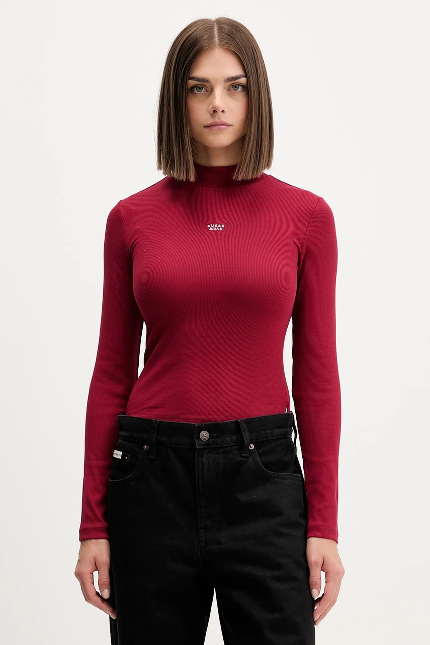 Levně Tričko s dlouhým rukávem Guess Jeans vínová barva, s pologolfem, W5BP23 KA0H1
