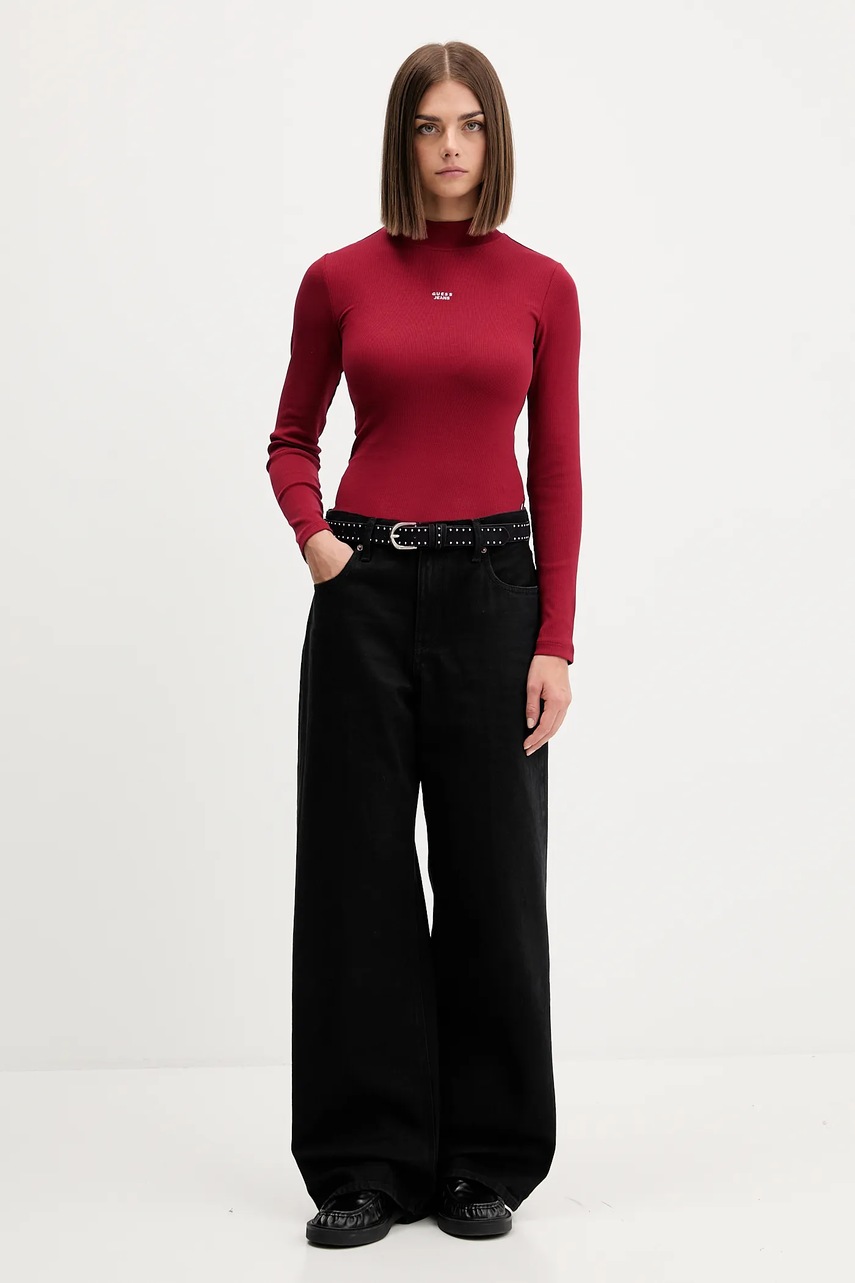 Лонгслив Guess Jeans цвет бордовый с полугольфом W5BP23 KA0H1