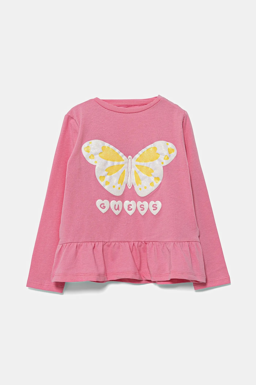 Levně Dětské bavlněné tričko s dlouhým rukávem Guess růžová barva, A5YI01 K6YW4