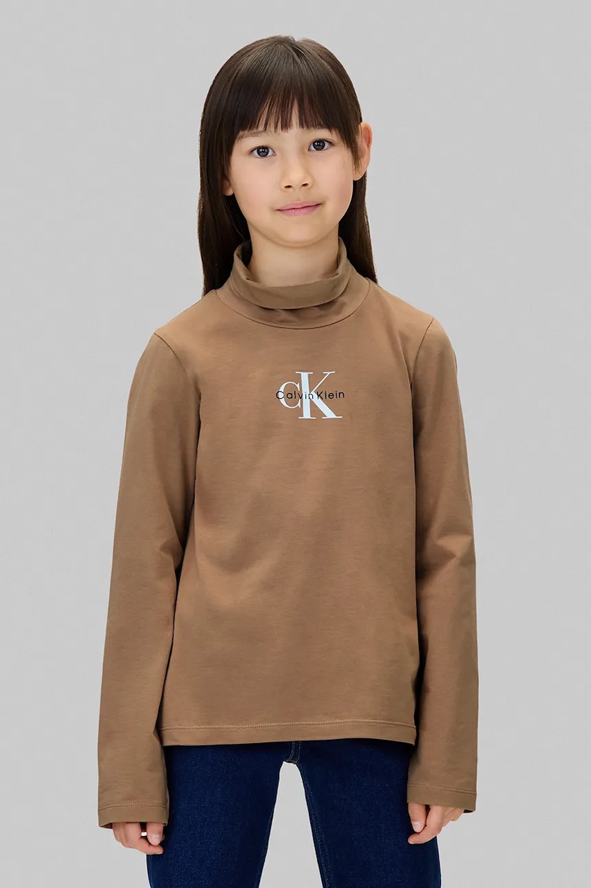 Levně Dětské tričko s dlouhým rukávem s bavlnou Calvin Klein Jeans hnědá barva, s golfem, IG0IG03044